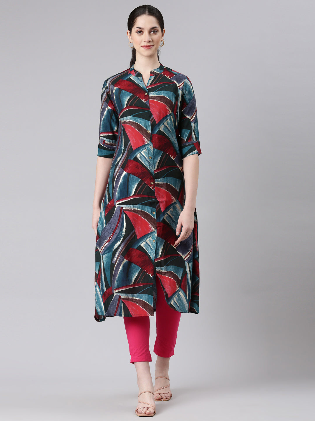 Neerus Blue rayon printed straight kurta - front view