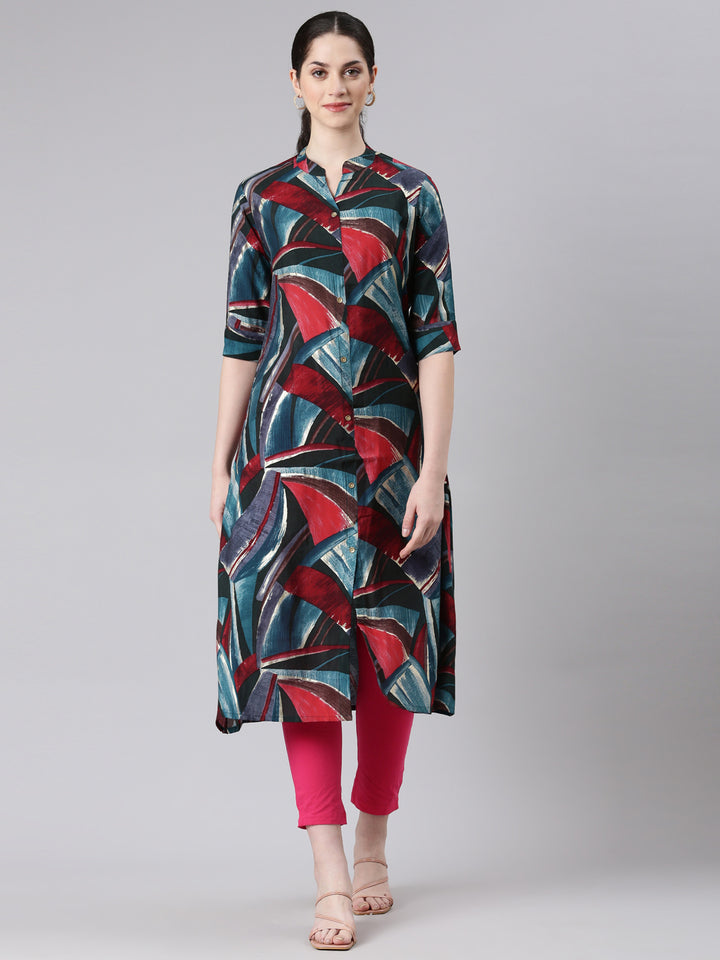 Neerus Blue rayon printed straight kurta - front view