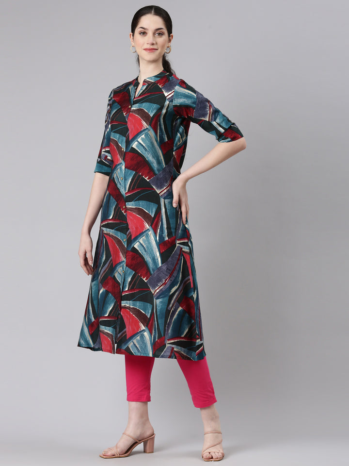 Neerus Blue rayon printed straight kurta - back view