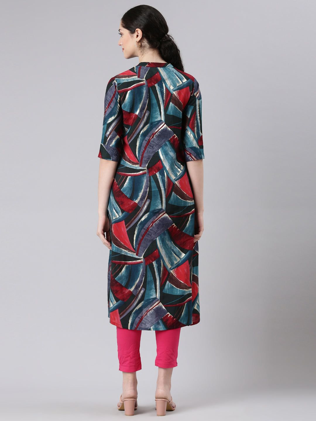 Neerus Blue rayon printed straight kurta - side view