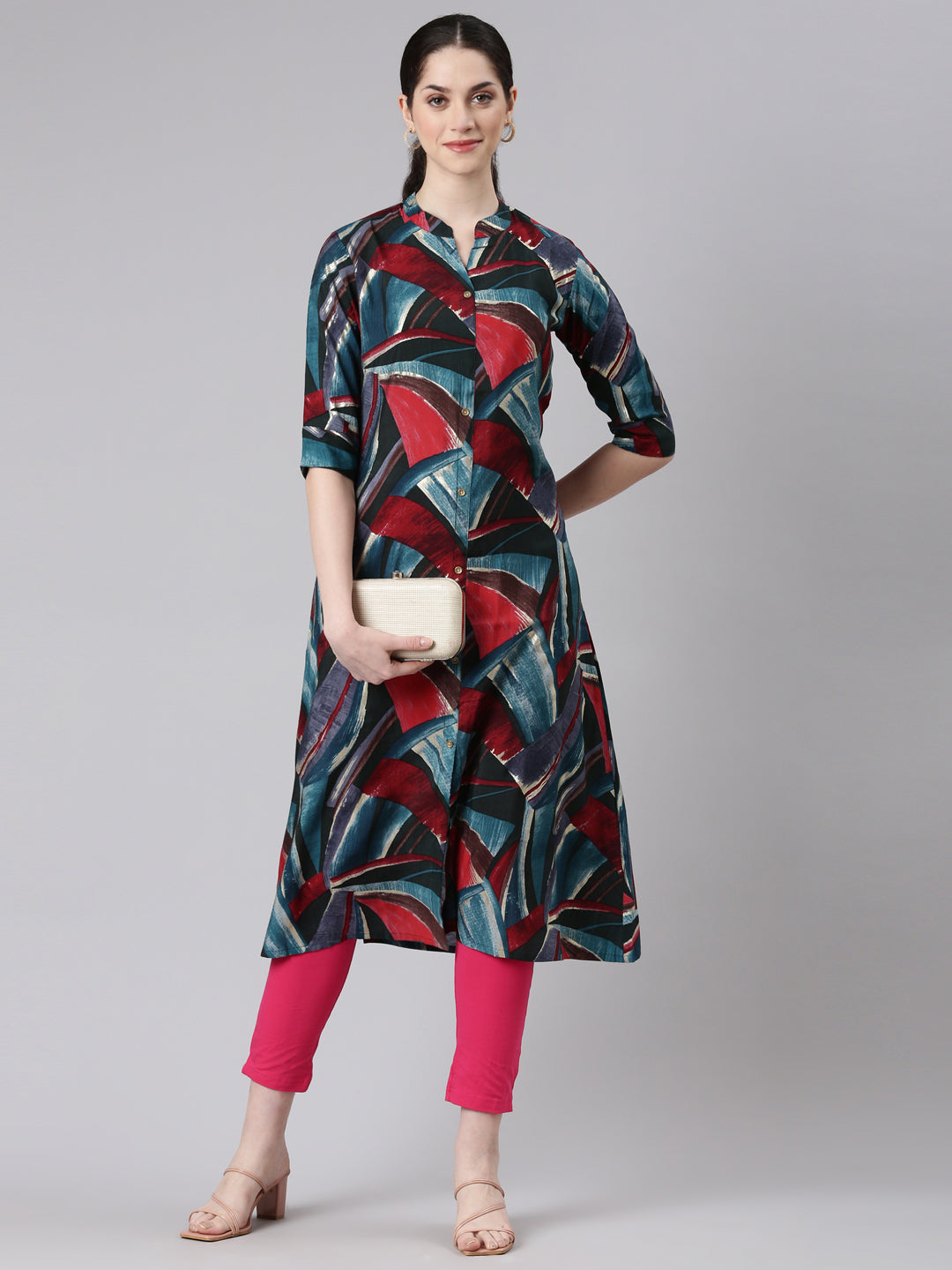 Neerus Blue rayon printed straight kurta - detail view 2