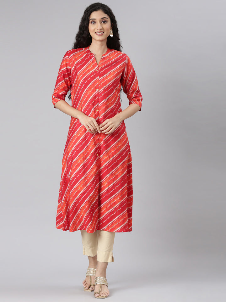 Neerus Orange modal printed straight kurta - front view