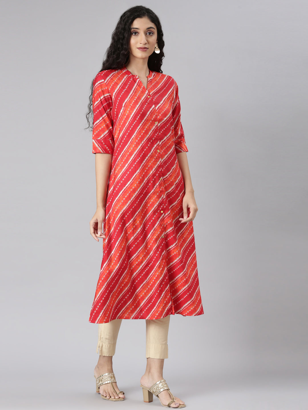 Neerus Orange modal printed straight kurta - side view