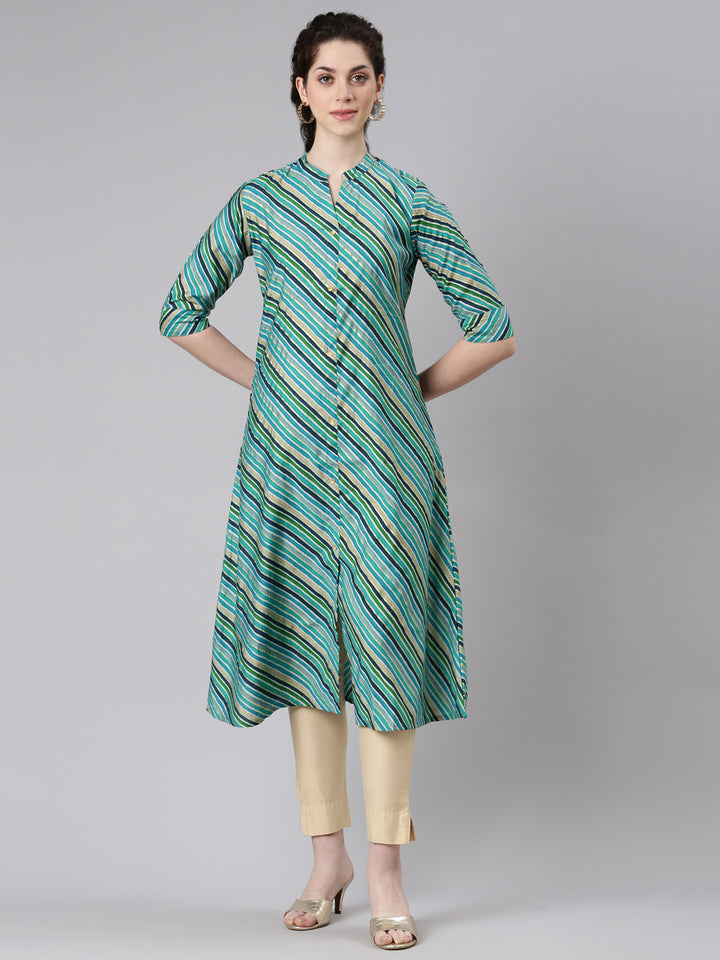 Neerus Green cotton straight kurti - front view