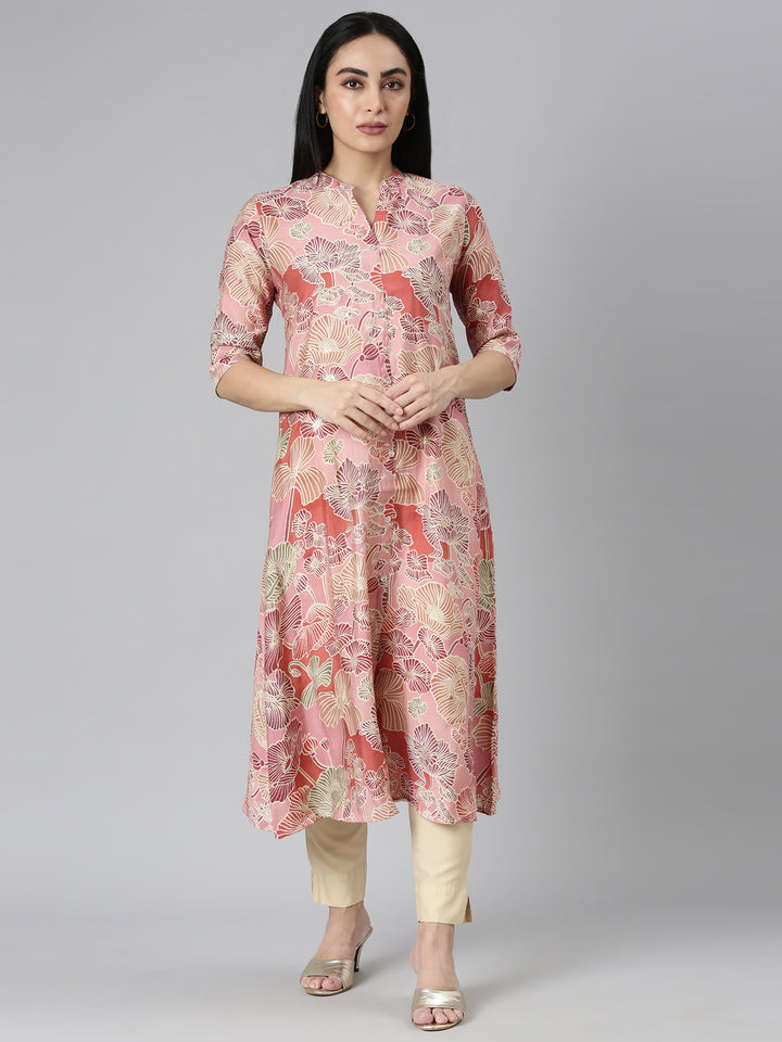 Neerus Baby Pink Straight Casual Floral Straight Kurtas