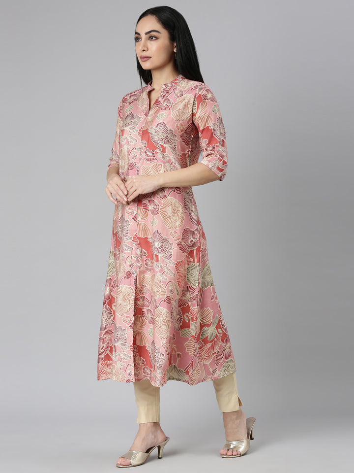 Neerus Baby Pink Straight Casual Floral Straight Kurtas