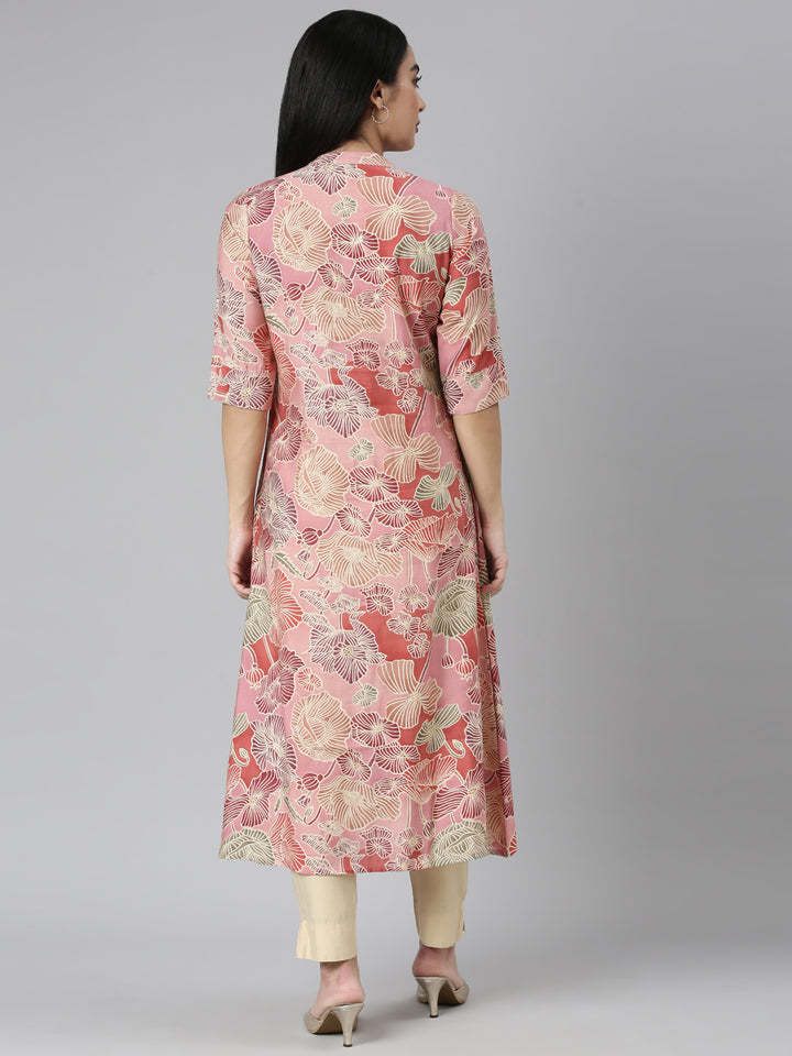 Neerus Baby Pink Straight Casual Floral Straight Kurtas