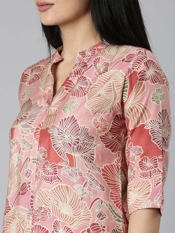 Neerus Baby Pink Straight Casual Floral Straight Kurtas