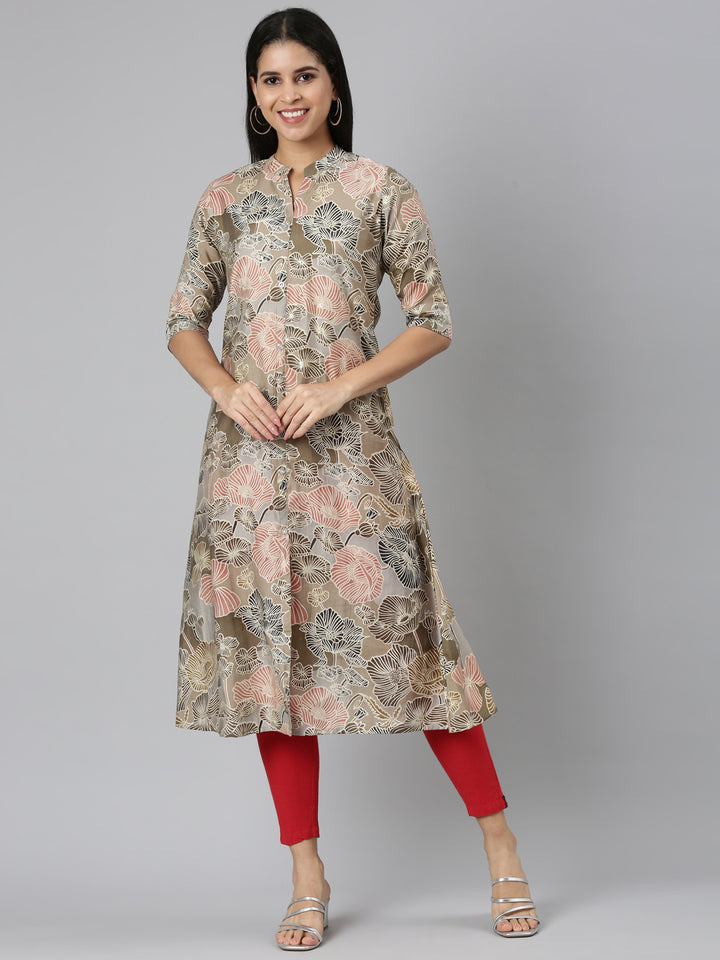Neerus Brown floral printed straight kurta - front view