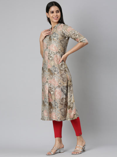 Neerus Brown Straight Casual Floral Straight Kurtas