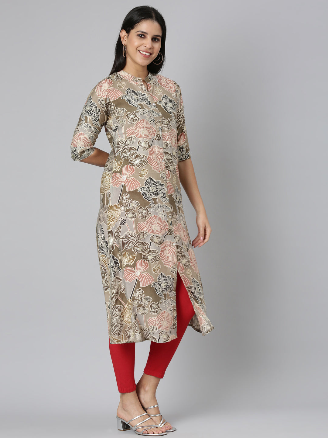 Neerus Brown floral printed straight kurta - side view