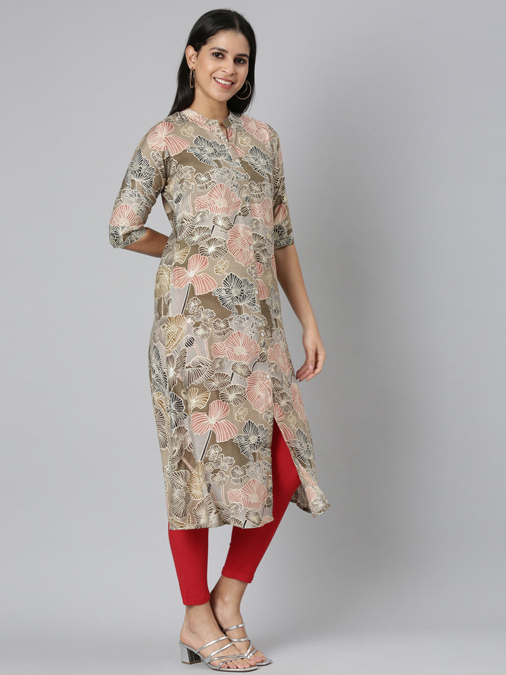 Neerus Brown floral printed straight kurta - side view