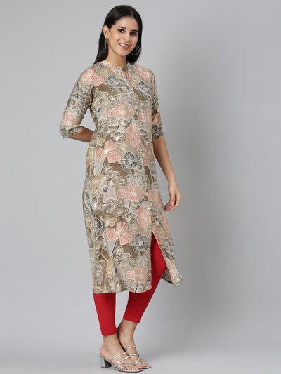 Neerus Brown Straight Casual Floral Straight Kurtas