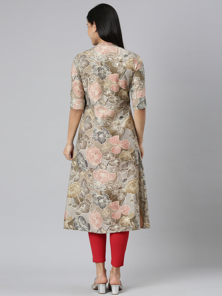 Neerus Brown floral printed straight kurta - detail view 1