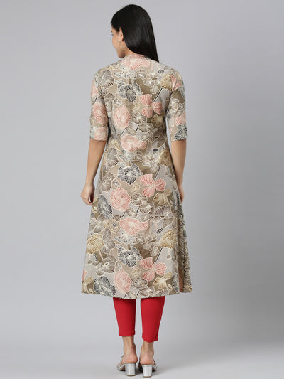 Neerus Brown Straight Casual Floral Straight Kurtas