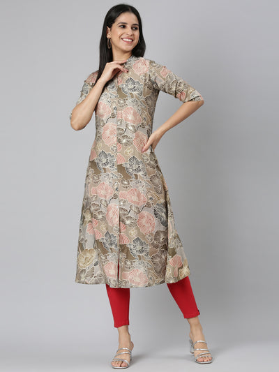 Neerus Brown Straight Casual Floral Straight Kurtas