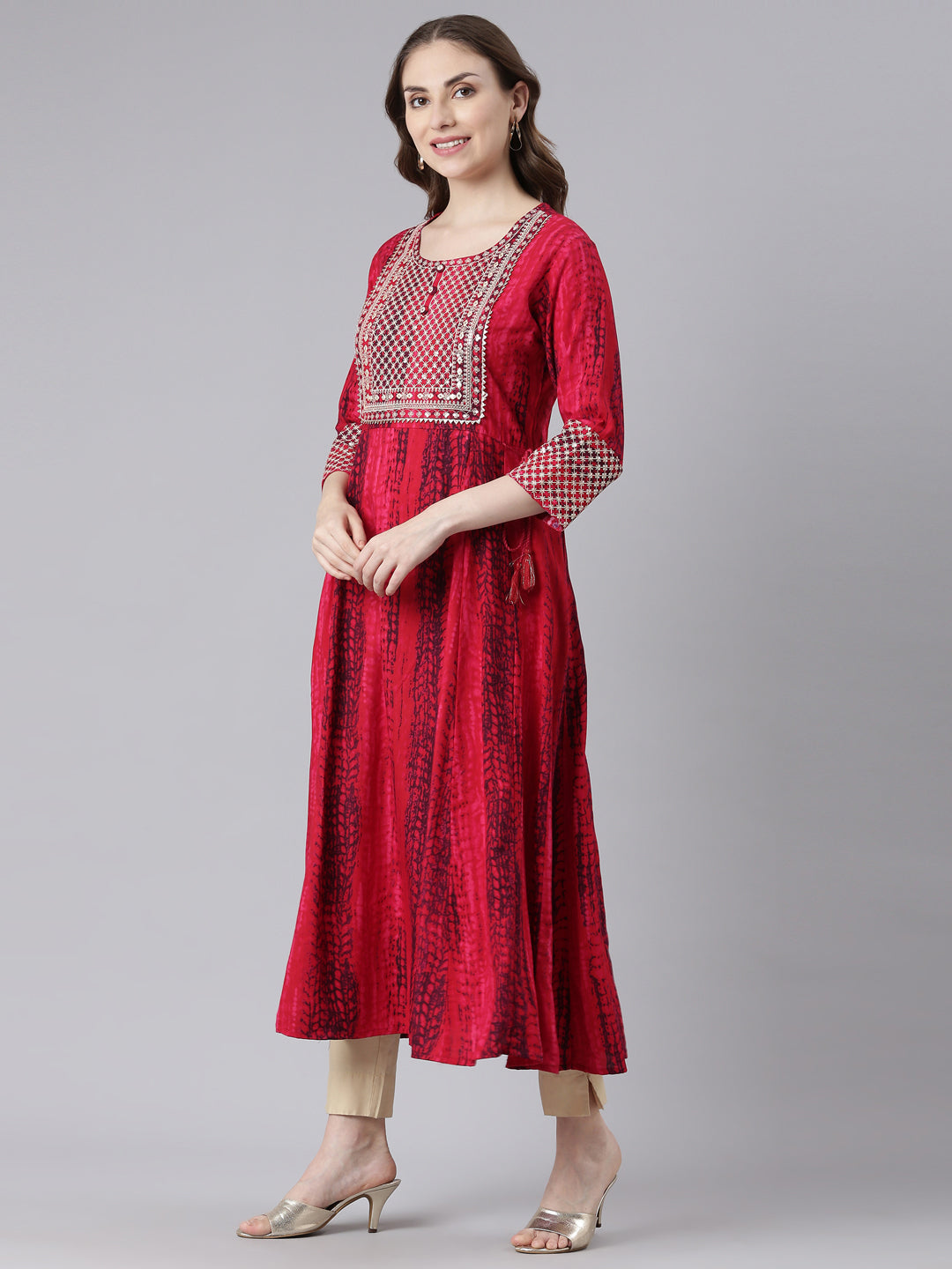 Neerus Pink Rayon Curved Casual Ethnic Motifs Anarkali Kurtas.