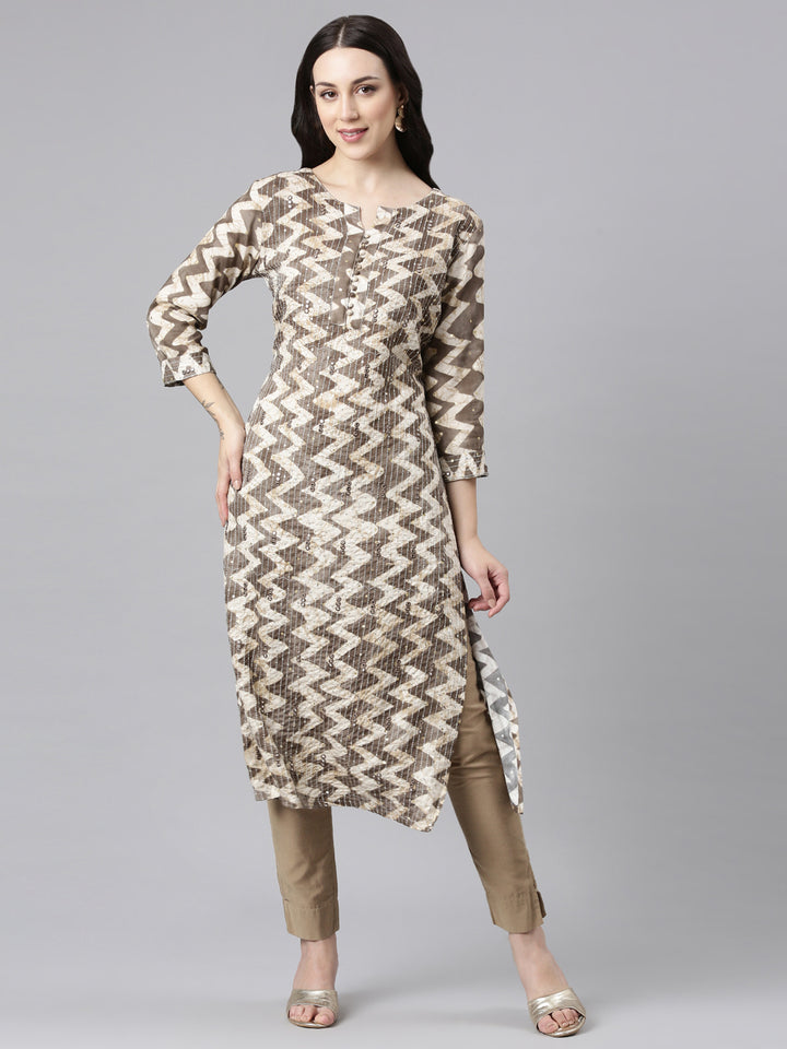 Neerus Brown Straight Casual Striped Kurtas