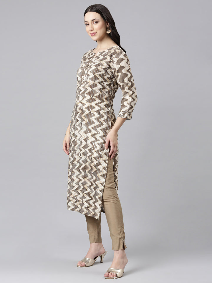Neerus Brown Straight Casual Striped Kurtas