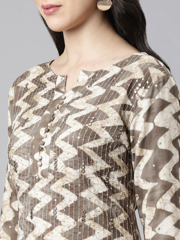 Neerus Brown Straight Casual Striped Kurtas