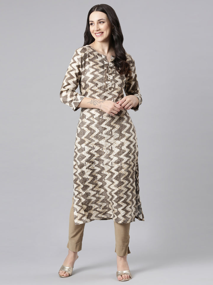 Neerus Brown Straight Casual Striped Kurtas