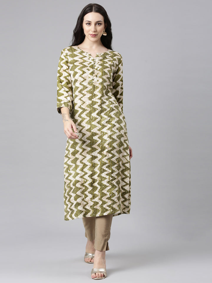 Neerus Green Straight Casual Striped Kurtas