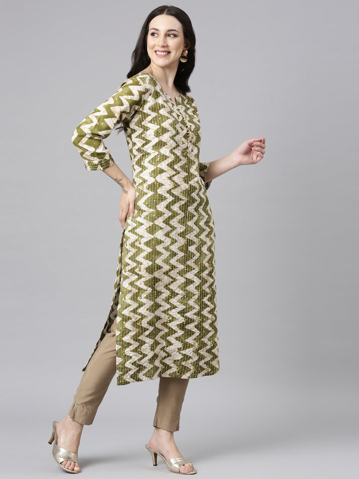 Neerus Green Straight Casual Striped Kurtas