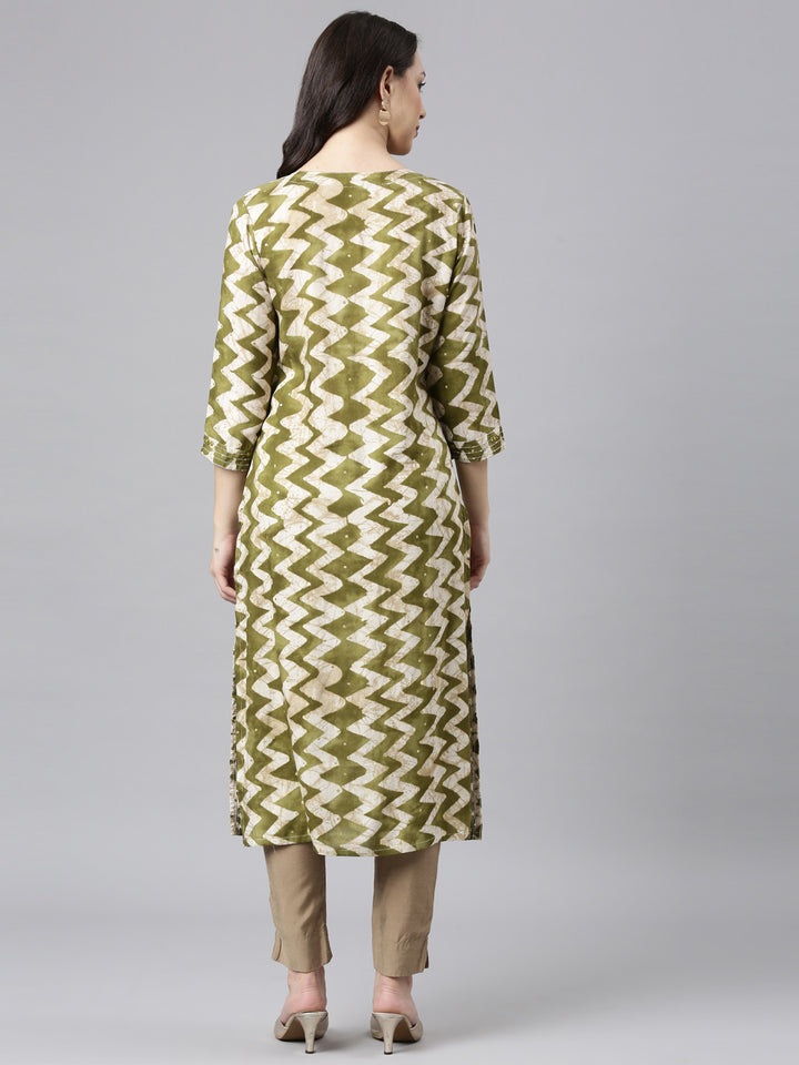 Neerus Green Straight Casual Striped Kurtas