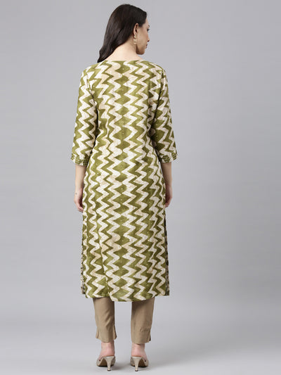 Neerus Green Straight Casual Striped Kurtas
