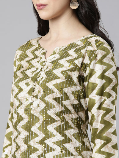 Neerus Green Straight Casual Striped Kurtas