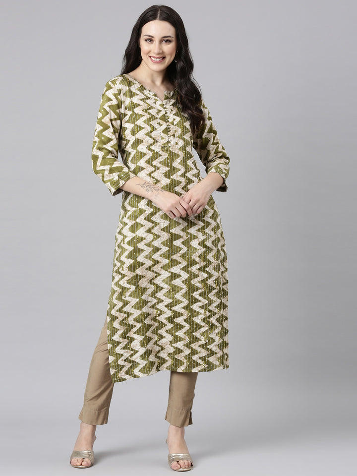 Neerus Green Straight Casual Striped Kurtas