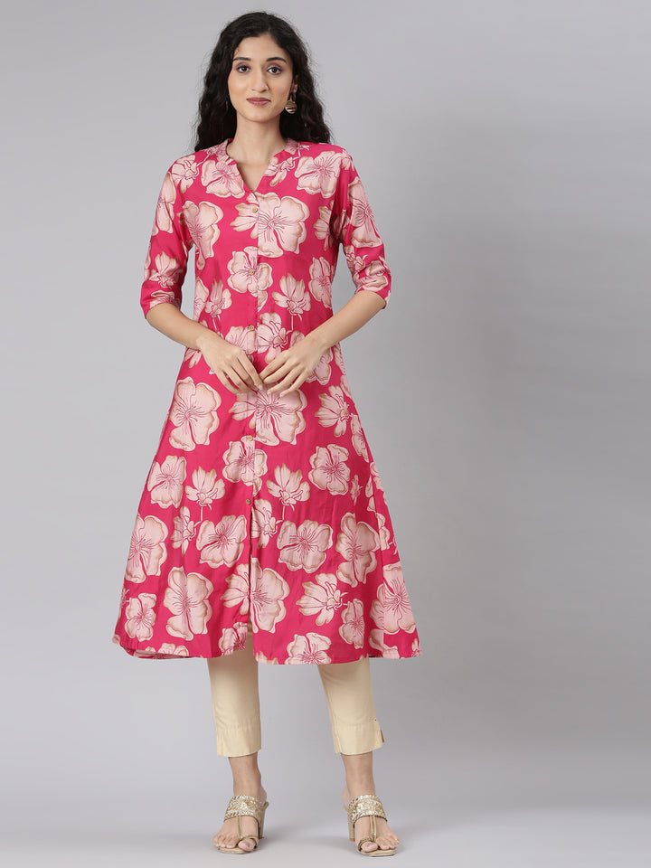 Neerus Maroon modal printed kurta floral straight cut - front view