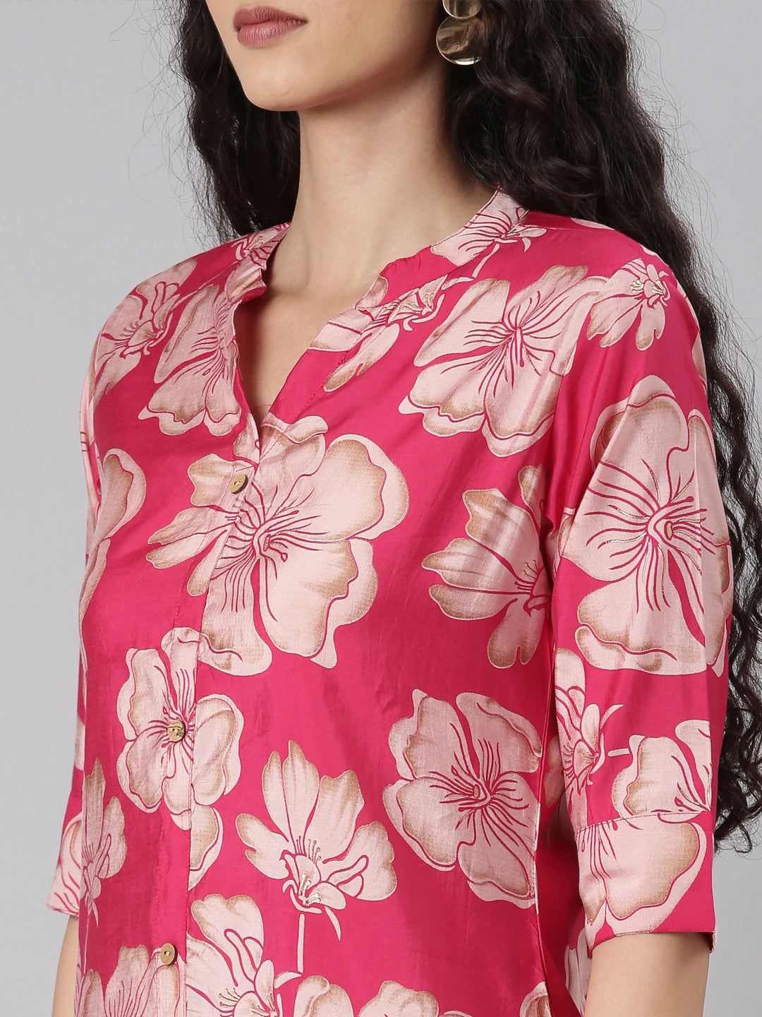 Neerus Maroon modal printed kurta floral straight cut - detail view 2