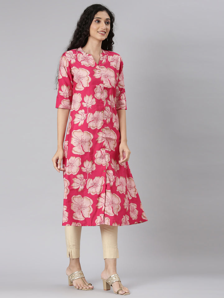 Neerus Maroon modal printed kurta floral straight cut - side view