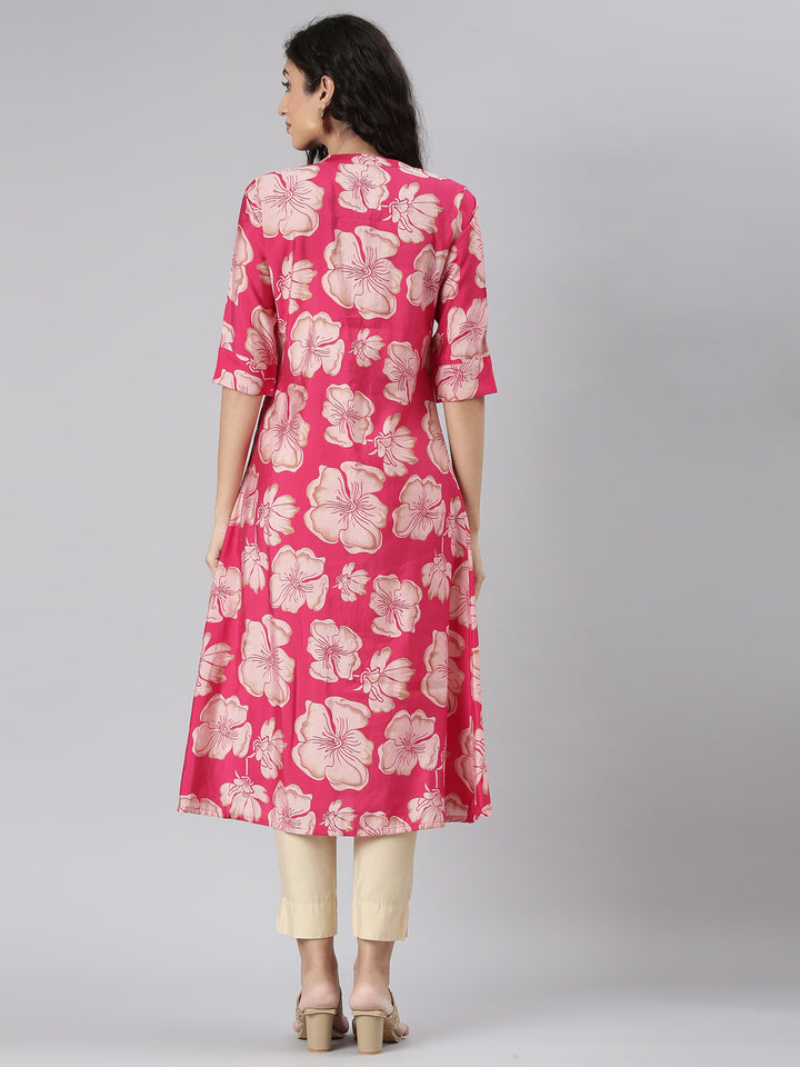 Neerus Maroon modal printed kurta floral straight cut - detail view 1