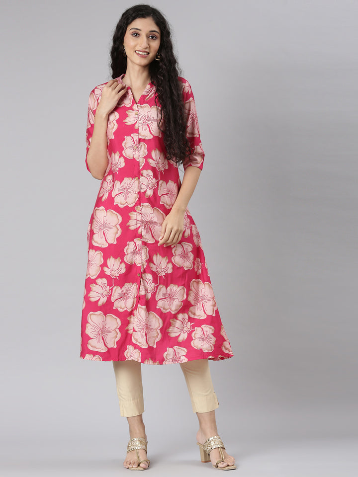 Neerus Maroon modal printed kurta floral straight cut - detail view 3