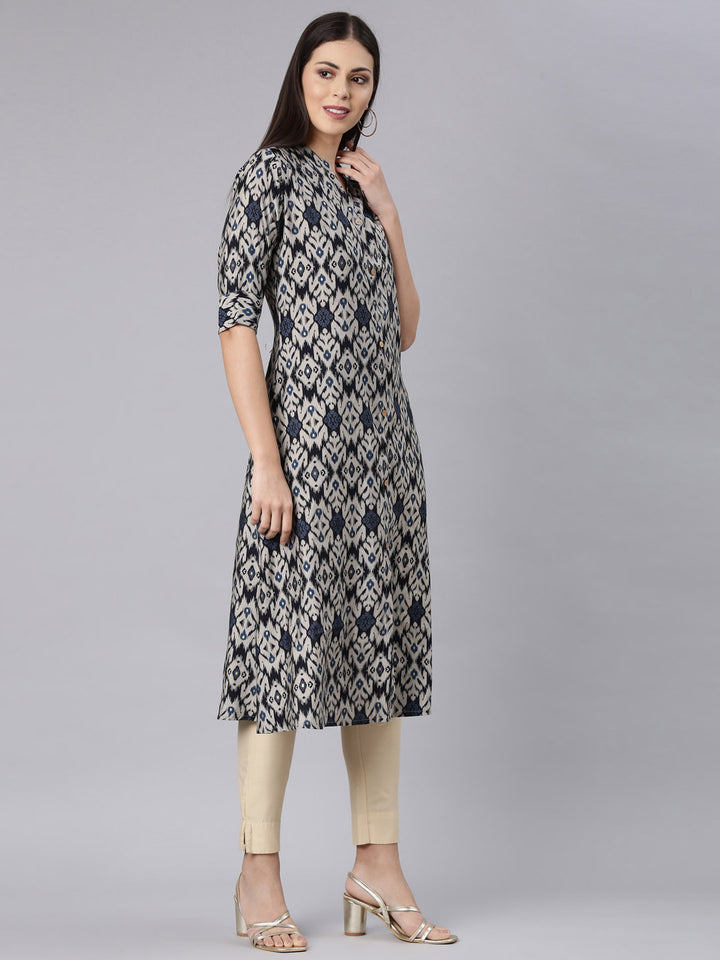 Neerus Navy Blue Straight Casual Chevron Anarkali Kurtas