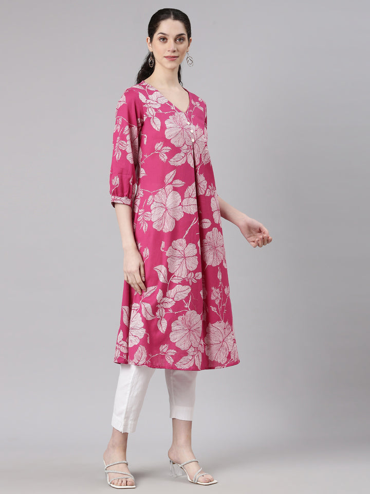 Neerus Pink Anarkali Casual Floral Kurtas