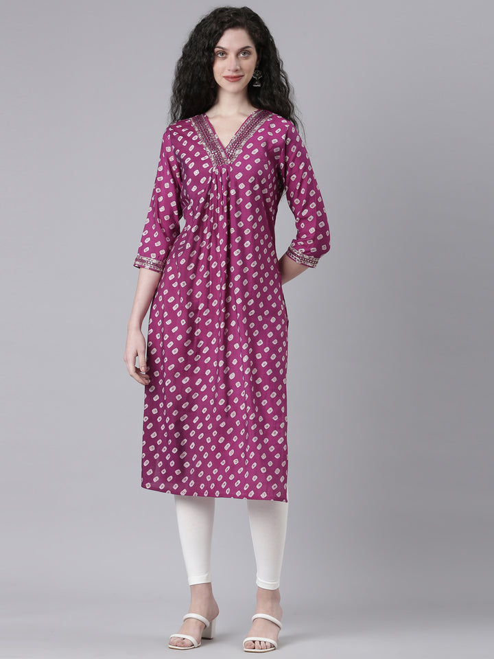 Neerus Purple cotton solid straight kurta - detail view 2