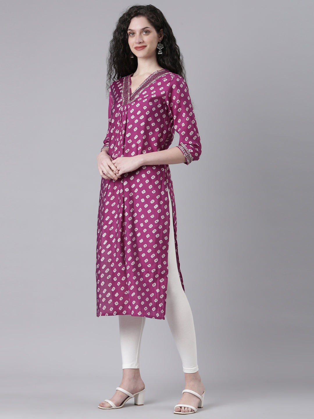 Neerus Purple cotton solid straight kurta - back view