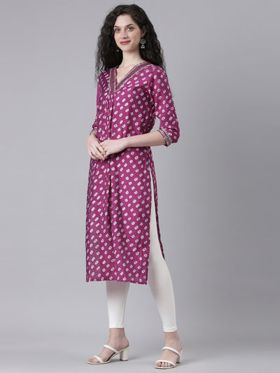 Neerus Purple Casual Solid Straight Kurtas