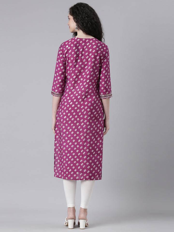 Neerus Purple cotton solid straight kurta - side view
