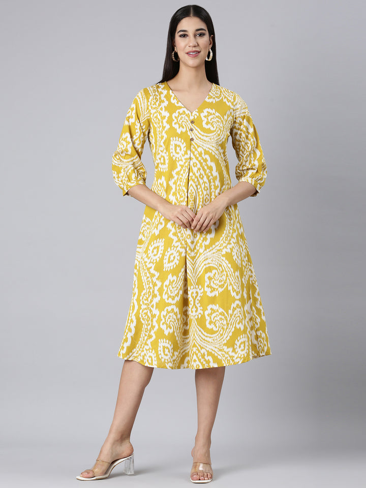 Neerus Mustard Casual Floral A-Line Kurtas