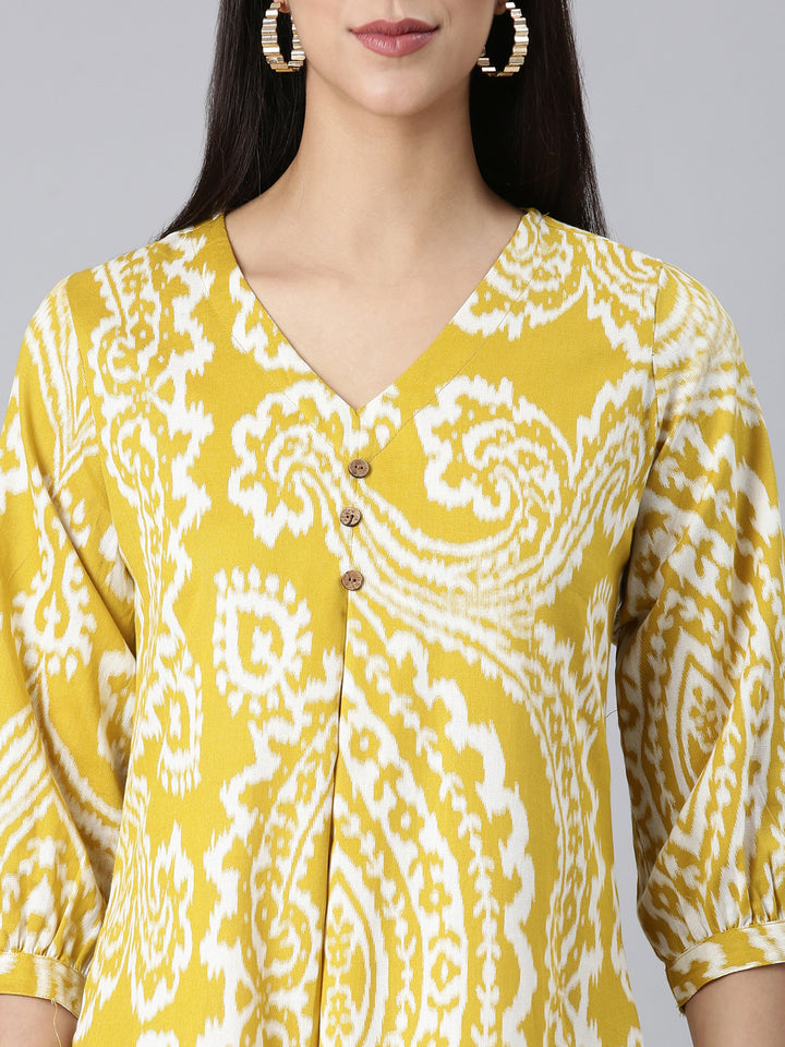 Neerus Mustard Casual Floral A-Line Kurtas