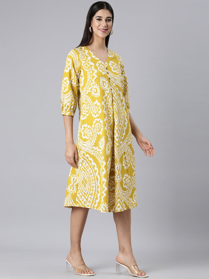 Neerus Mustard Casual Floral A-Line Kurtas