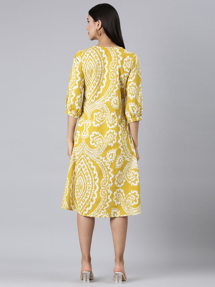 Neerus Mustard Casual Floral A-Line Kurtas