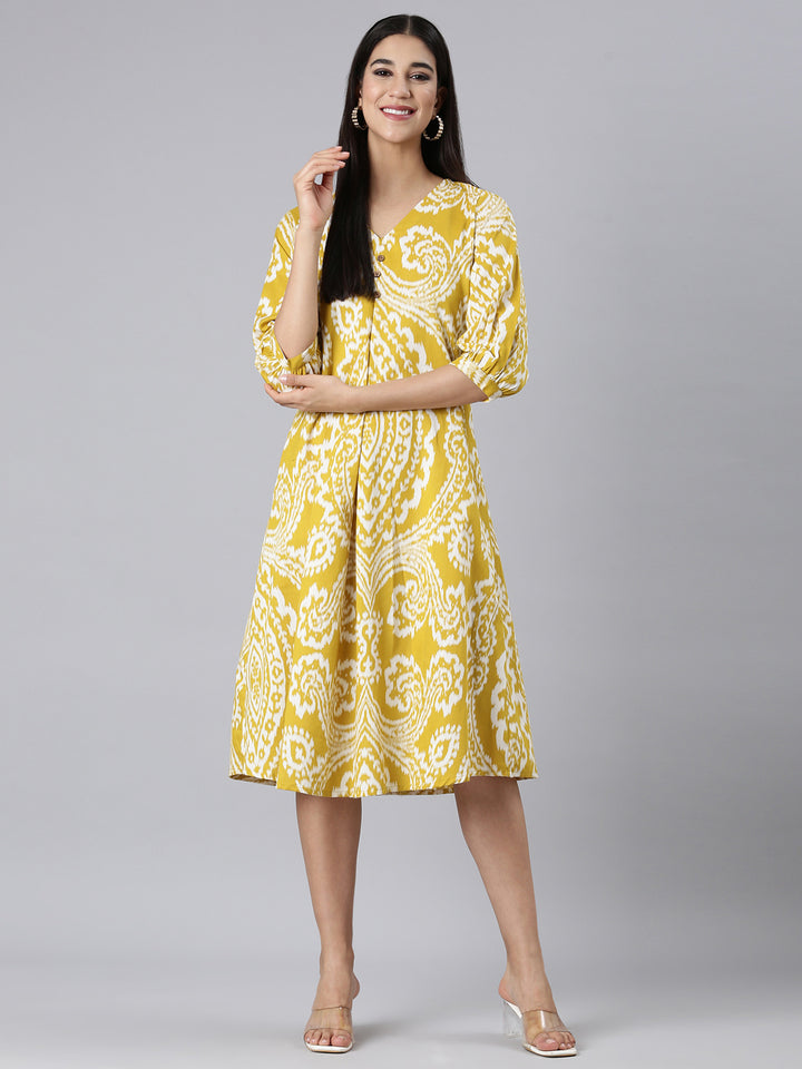 Neerus Mustard Casual Floral A-Line Kurtas