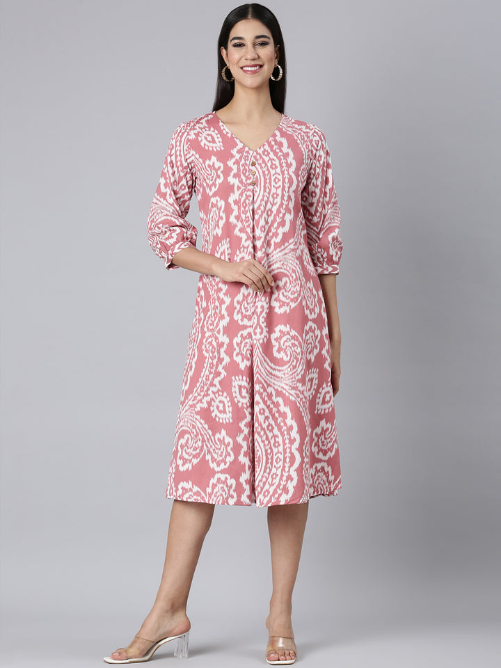 Neerus Pink Casual Floral A-Line Kurtas