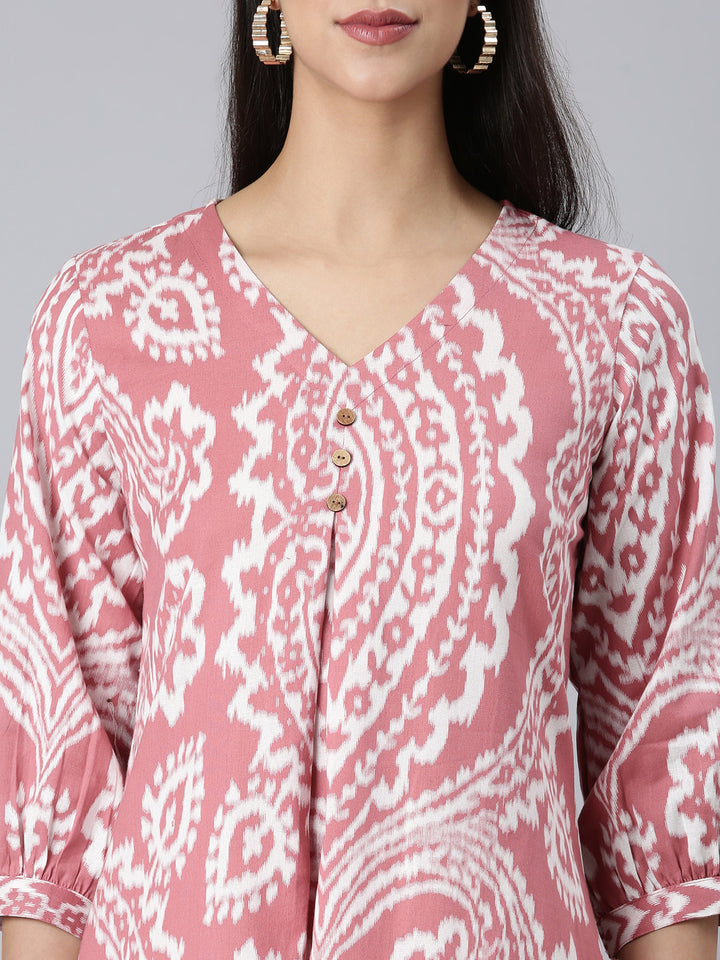 Neerus Pink Casual Floral A-Line Kurtas