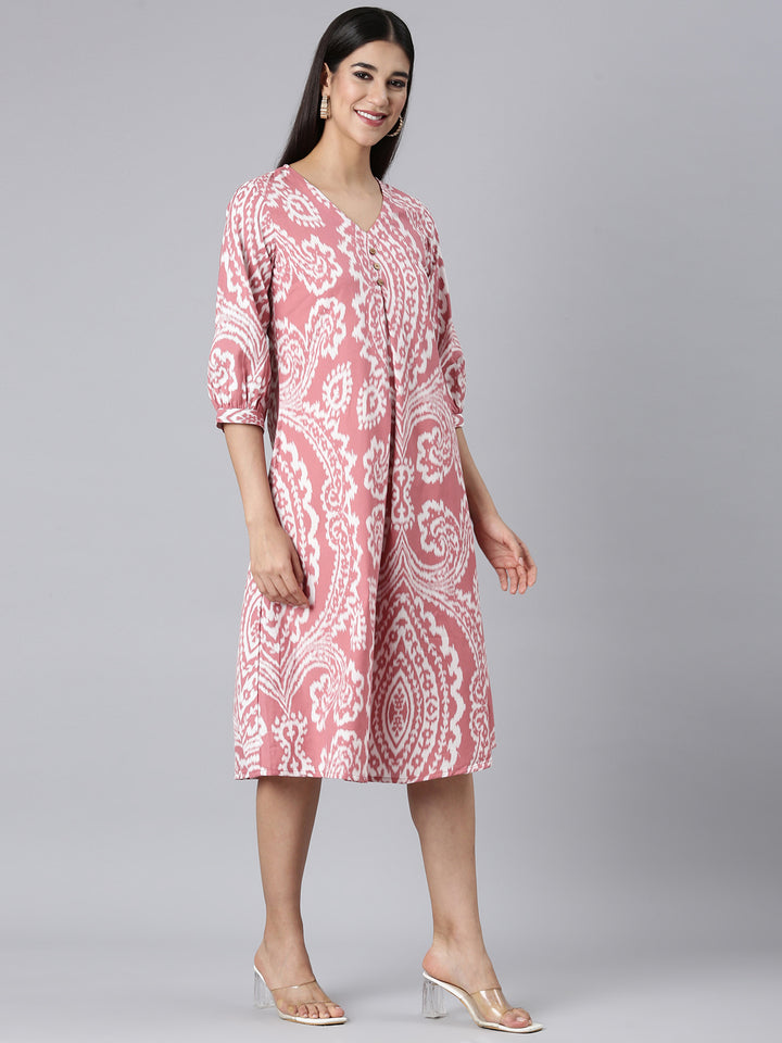 Neerus Pink Casual Floral A-Line Kurtas